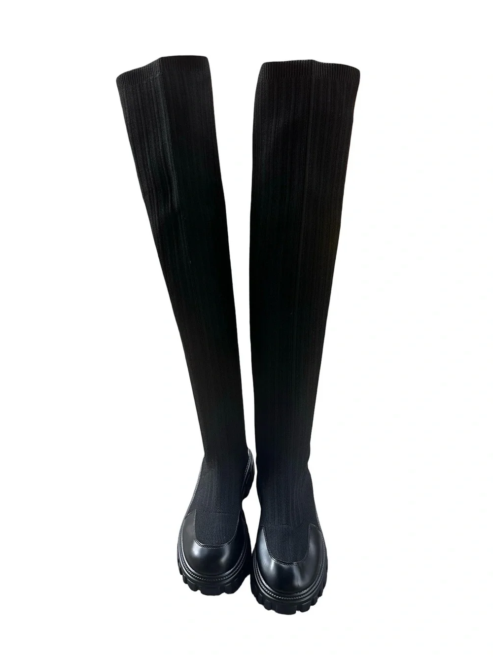 Cuccoo EU 40 Black Knee High Sock Boots Chunky Lug Sole Platform Goth Y2K